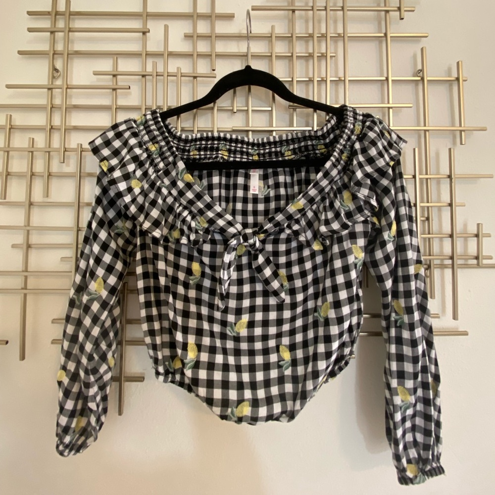 Gingham Lemon Embroidered Tie Crop Top 3/4 Sleeve